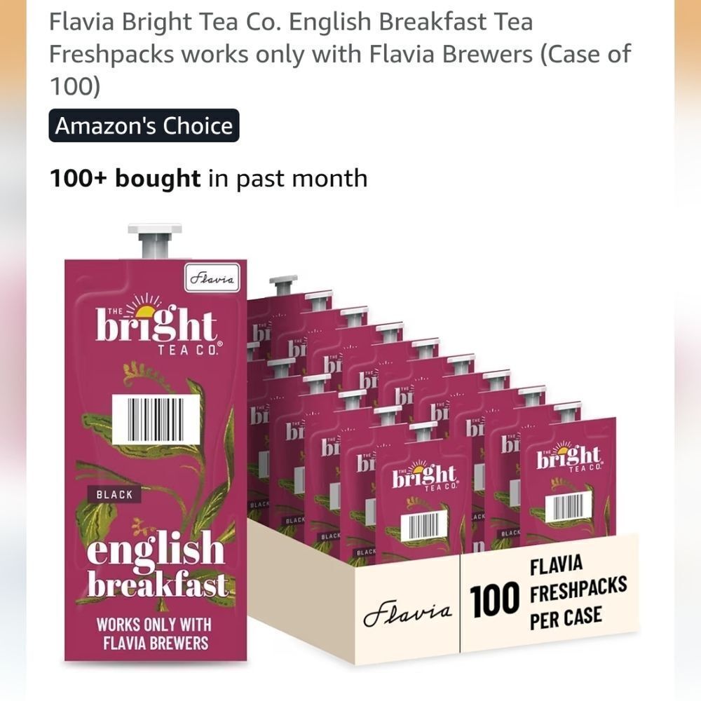 Flavia Bright Tea Co. 100ct English Breakfast Tea Fresh Packs, NEW